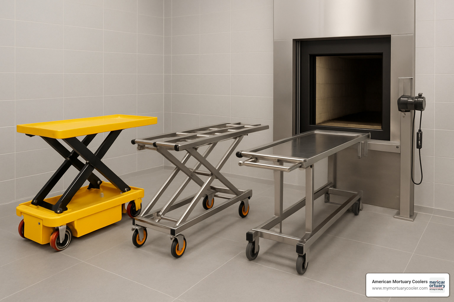 Various types of crematory lifts including scissor lifts, trolleys, and winch systems - Crematory lift 