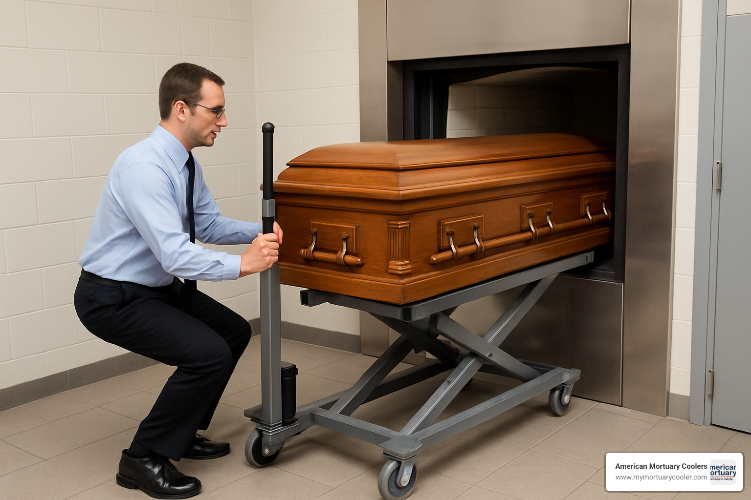 Funeral director safely operating a crematory lift with proper ergonomic posture - Crematory lift 