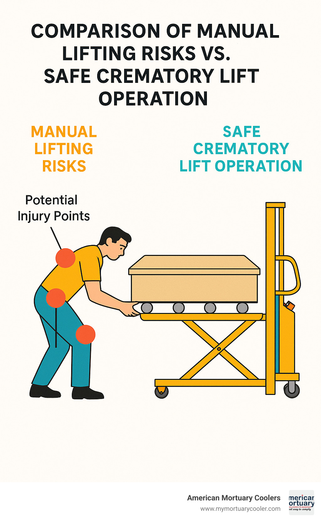 Comparison of manual lifting risks versus safe crematory lift operation showing potential injury points - Crematory lift  infographic 