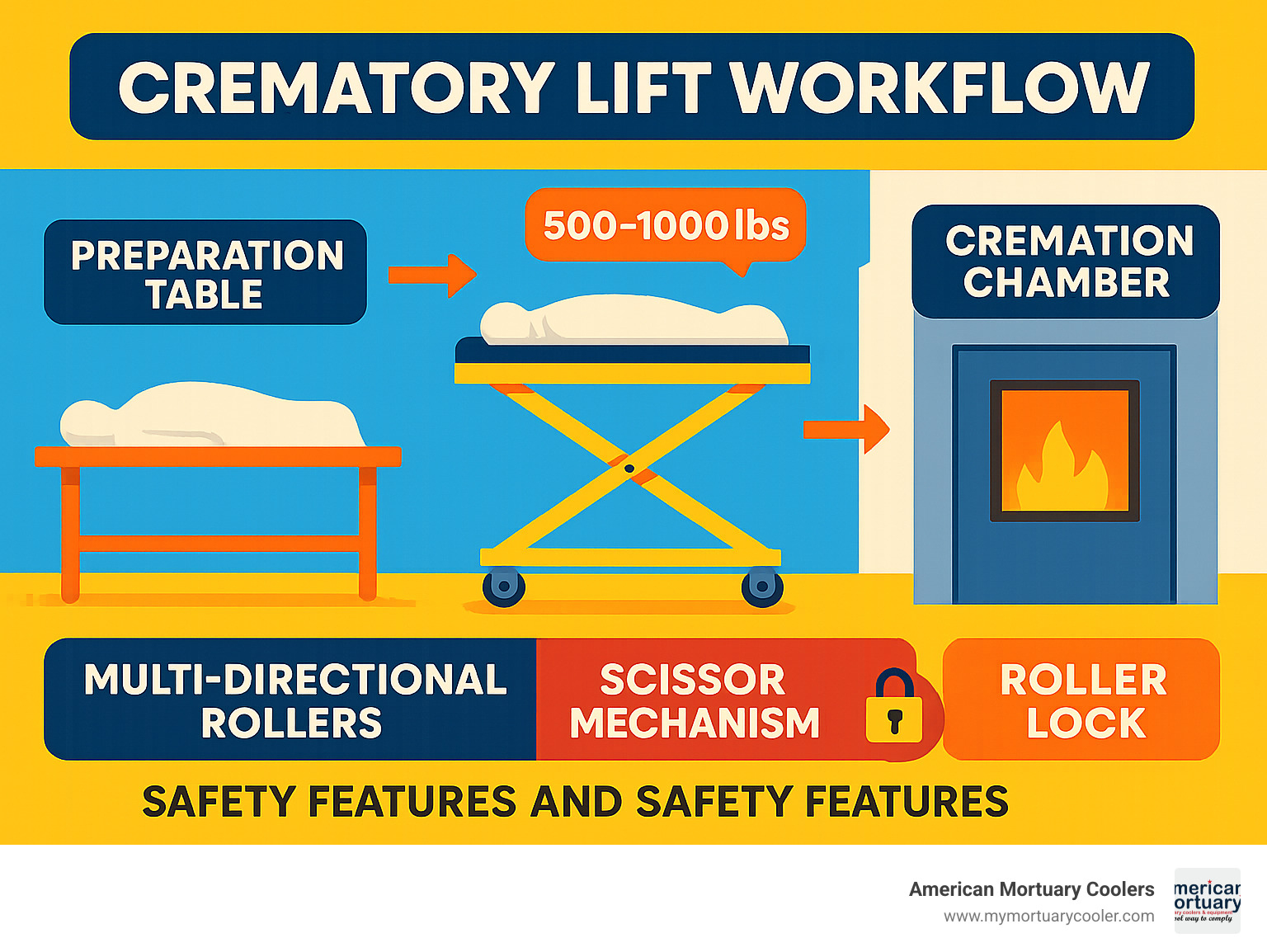 Crematory lift workflow showing the process of using a crematory lift to transfer remains from a preparation table to the cremation chamber, with safety features highlighted and weight capacities shown - Crematory lift  infographic 