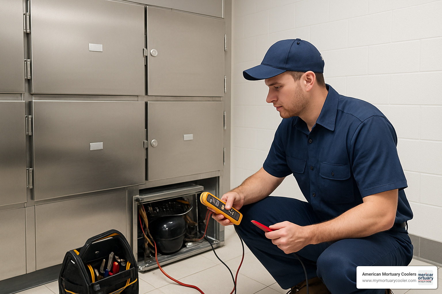 technician servicing morgue refrigerator unit - morgue refrigerator