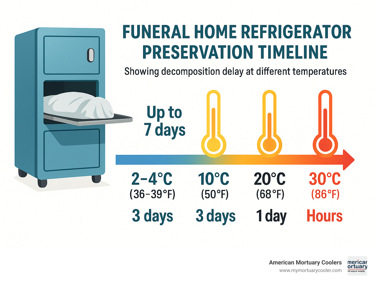 Funeral home refrigerator preservation timeline showing decomposition delay at different temperatures - Funeral home refrigerator infographic 