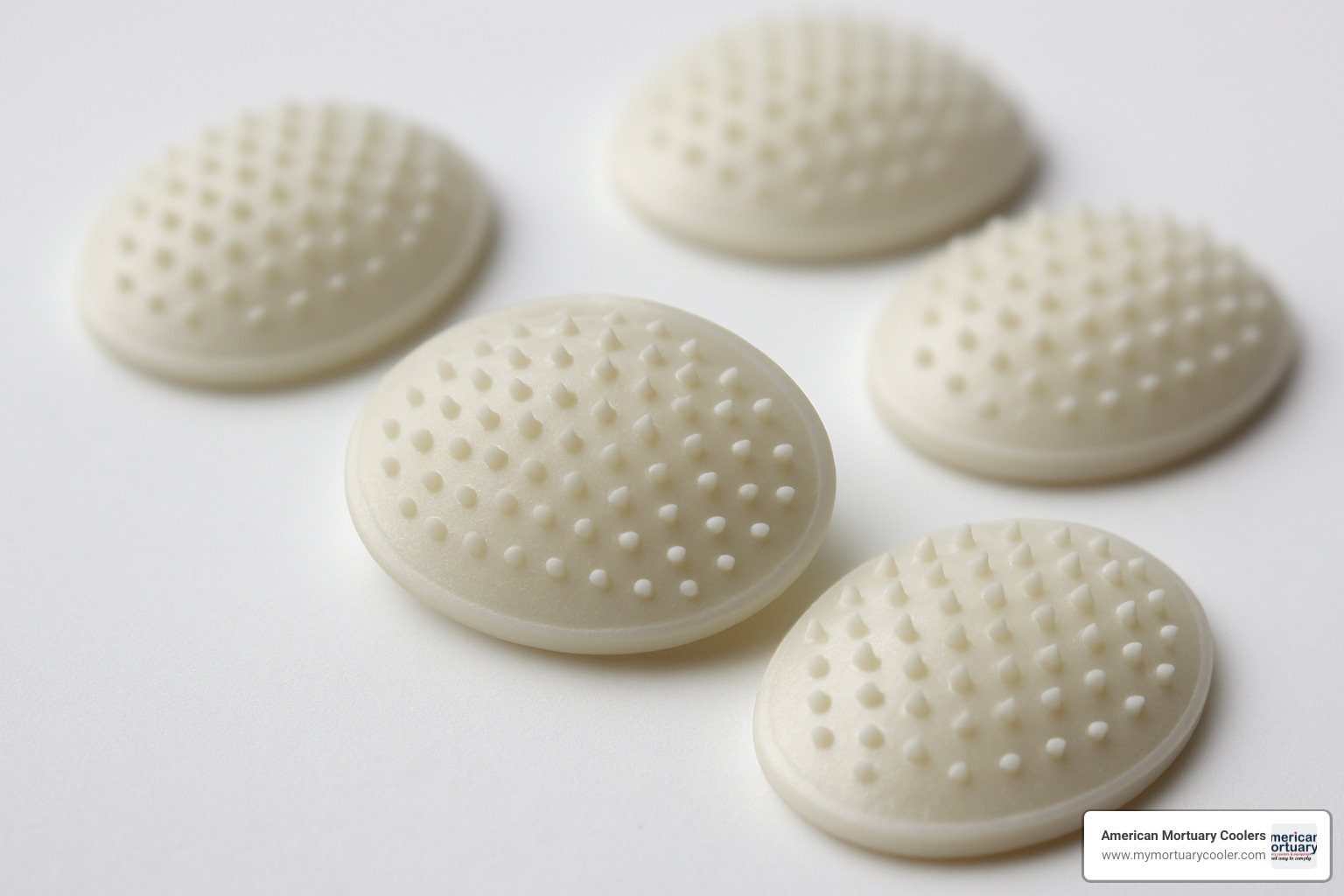 close-up of eye caps showing perforated surface - eye caps mortuary