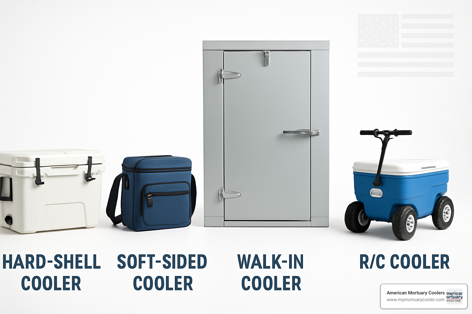 Comparison of different custom cooler types showing hard coolers, soft coolers, walk-in coolers and motorized coolers - custom built coolers