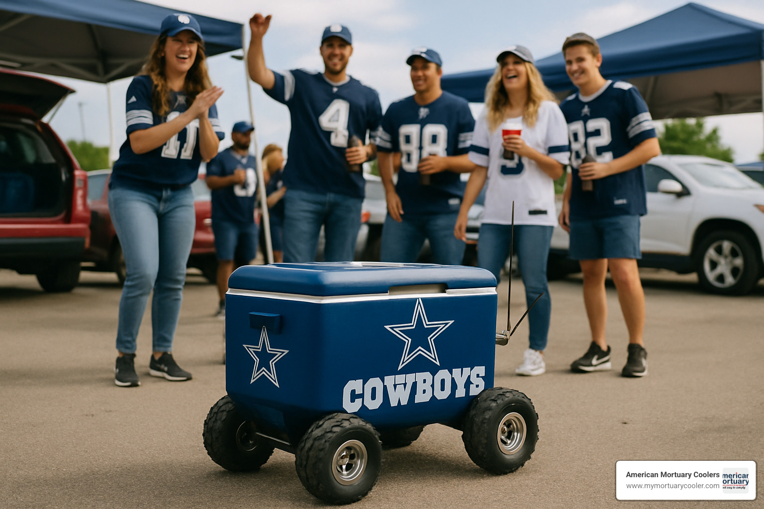 Remote controlled custom cooler with team branding at a tailgate party - custom built coolers