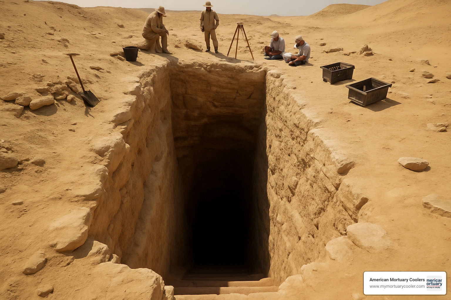 Deep shaft entrance to an underground embalming workshop at Saqqara - ancient egyptian embalming table