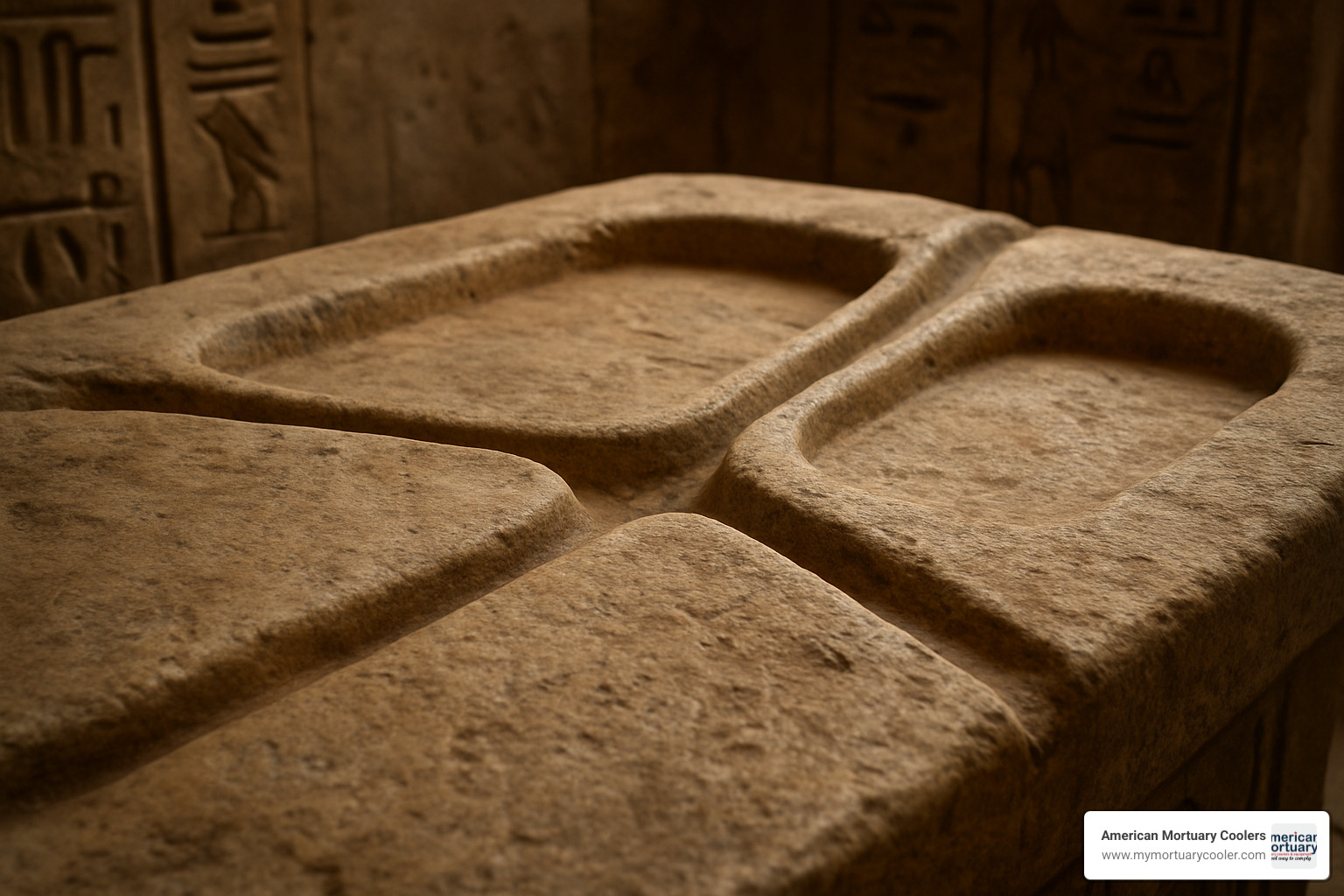 Close-up of drainage gutters carved into a stone embalming table - ancient egyptian embalming table