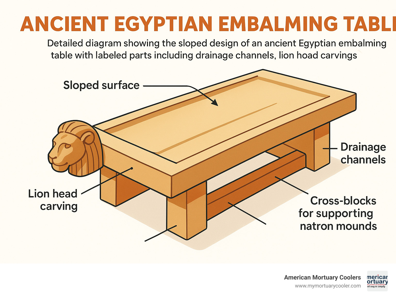 Detailed diagram showing the sloped design of an ancient Egyptian embalming table with labeled parts including drainage channels, lion head carvings, and cross-blocks for supporting natron mounds beneath the body - ancient egyptian embalming table infographic 