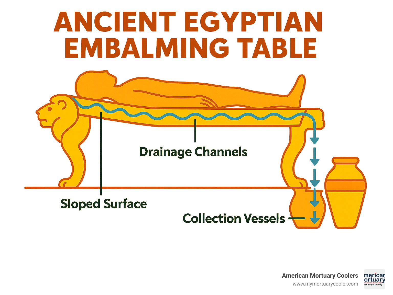 Diagram showing how fluids flowed from the body through channels in the embalming table to collection vessels - ancient egyptian embalming table infographic 