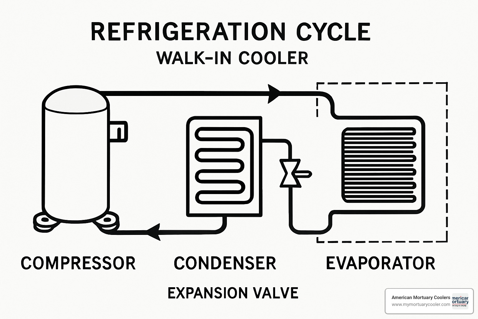 Refrigeration cycle diagram showing compressor, condenser, expansion valve, and evaporator - refrigeration unit for walk in cooler