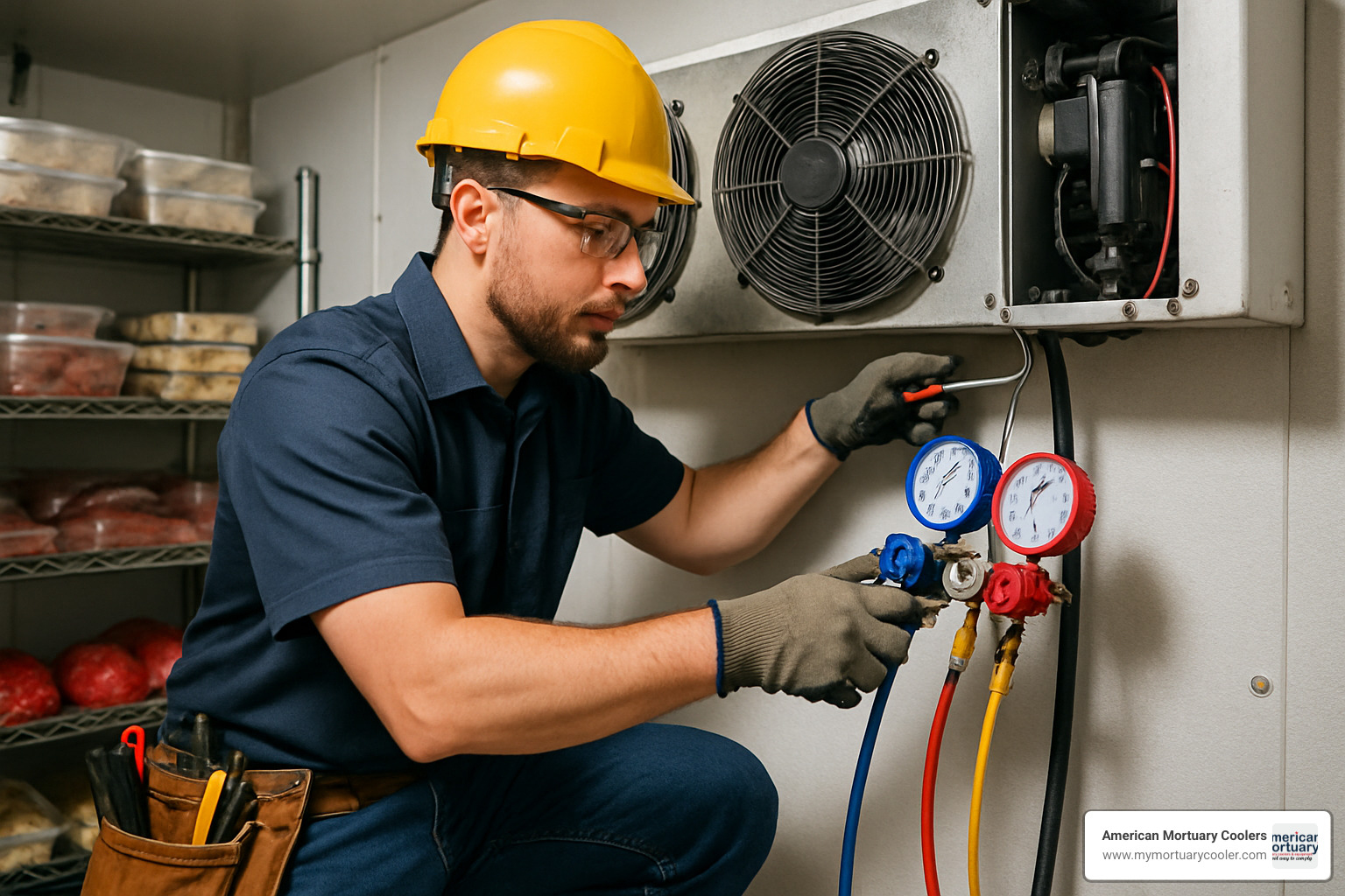 Technician performing maintenance on walk-in cooler refrigeration unit - refrigeration unit for walk in cooler