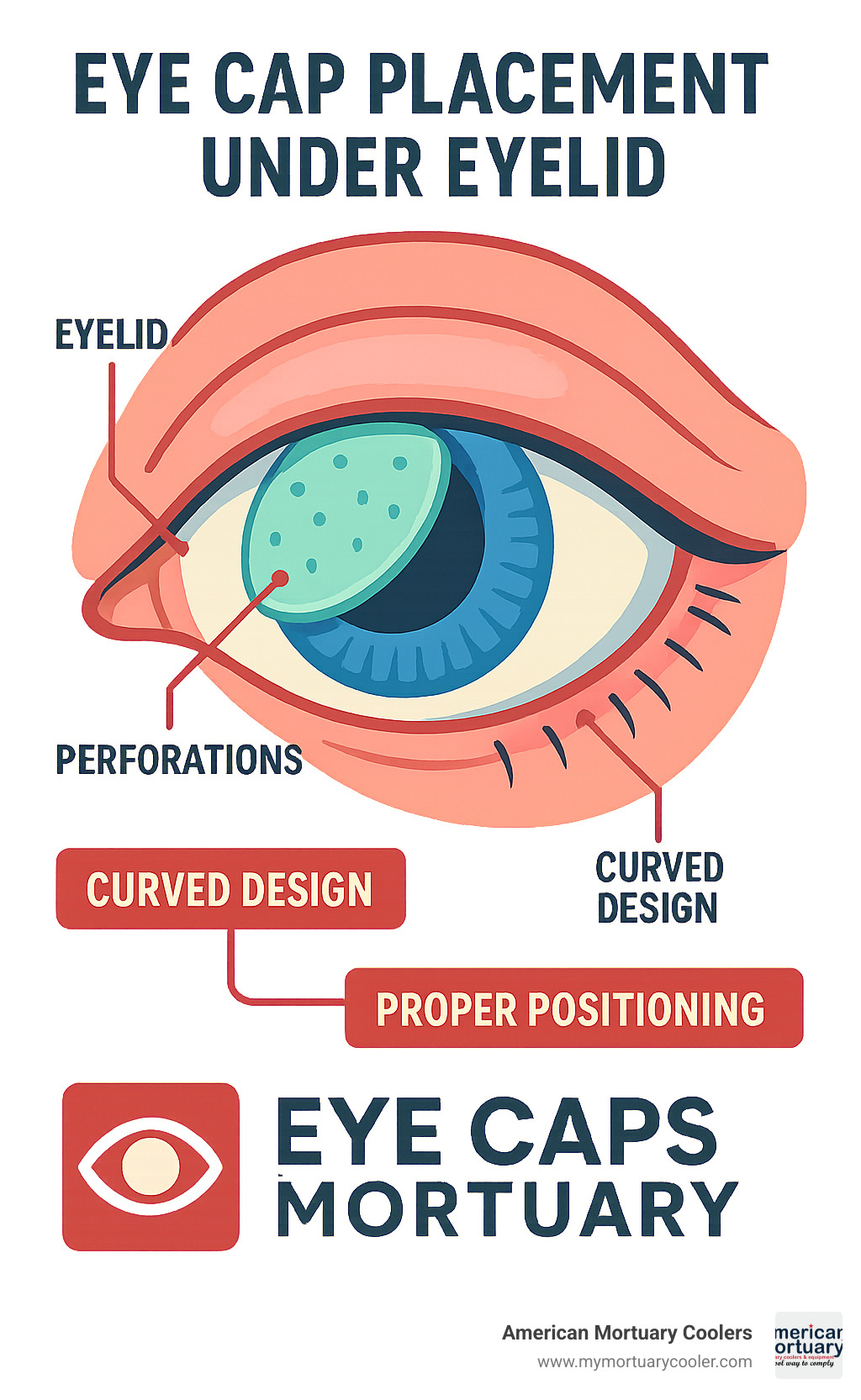 Diagram showing eye cap placement under eyelid with labeled parts including perforations, curved design, and proper positioning relative to the eye - eye caps mortuary infographic 