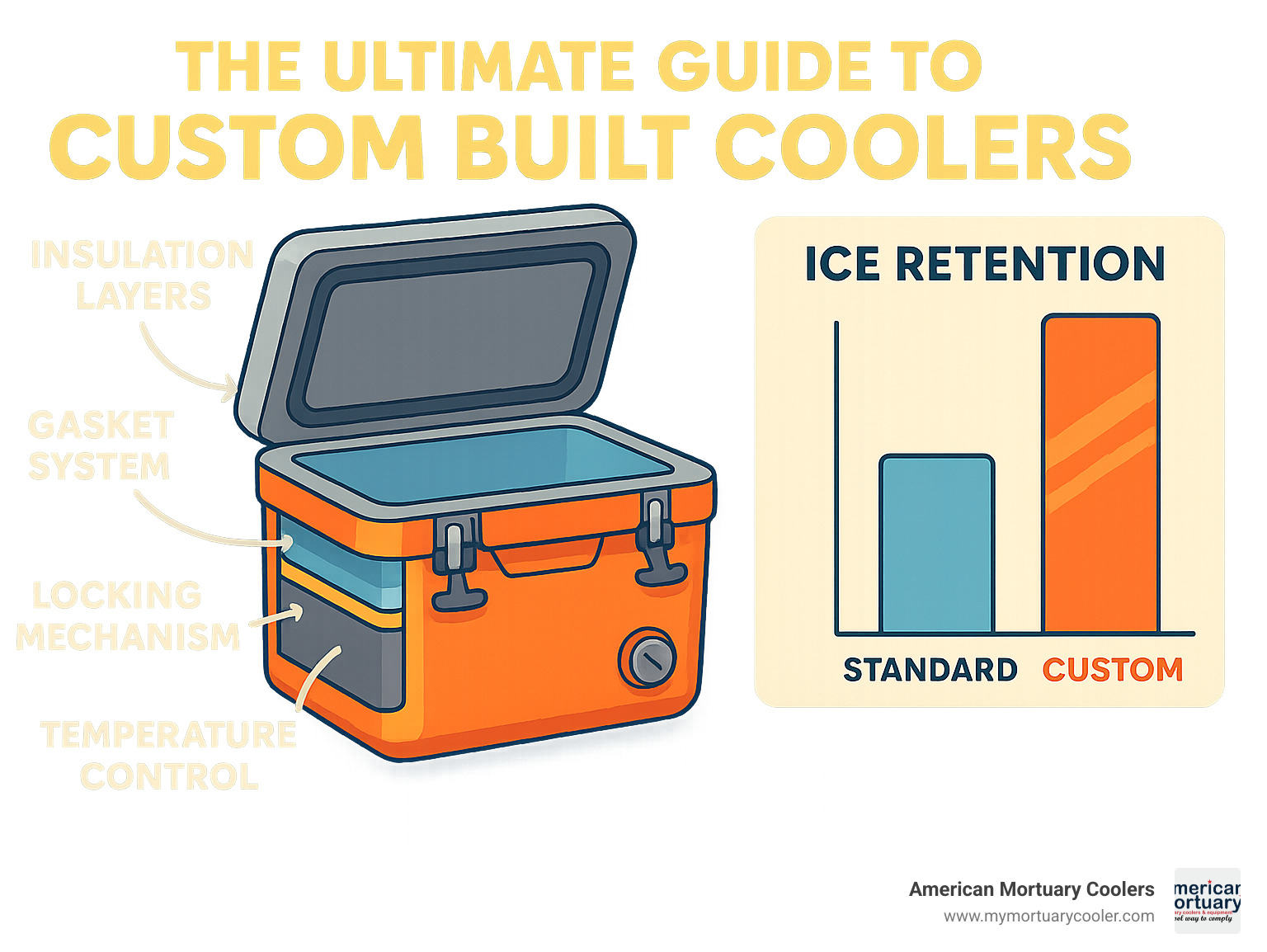 Detailed infographic showing the anatomy of custom built coolers including insulation layers, gasket systems, locking mechanisms, and temperature control components with comparative ice retention data between standard and custom models - custom built coolers infographic 