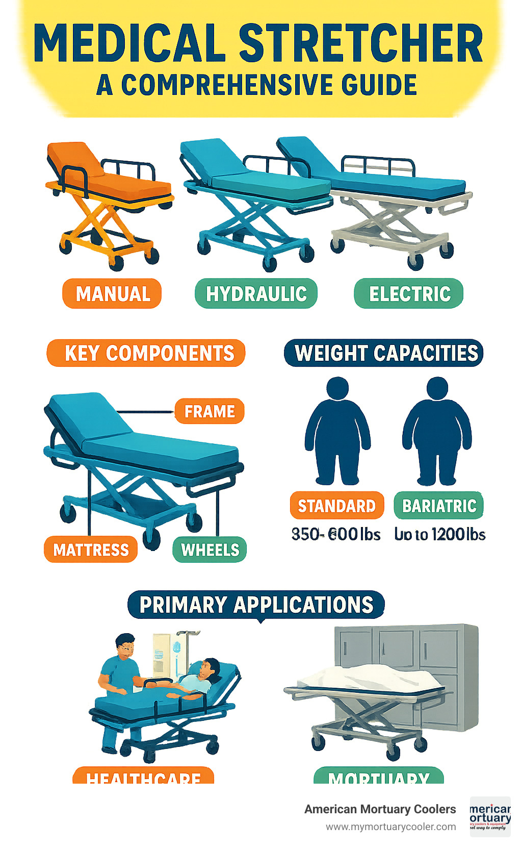 Comprehensive guide to medical stretchers showing different types (manual, hydraulic, electric), key components (frame, mattress, side rails, wheels), weight capacities, and primary applications in healthcare and mortuary settings - MEDICAL STRETCHER infographic 