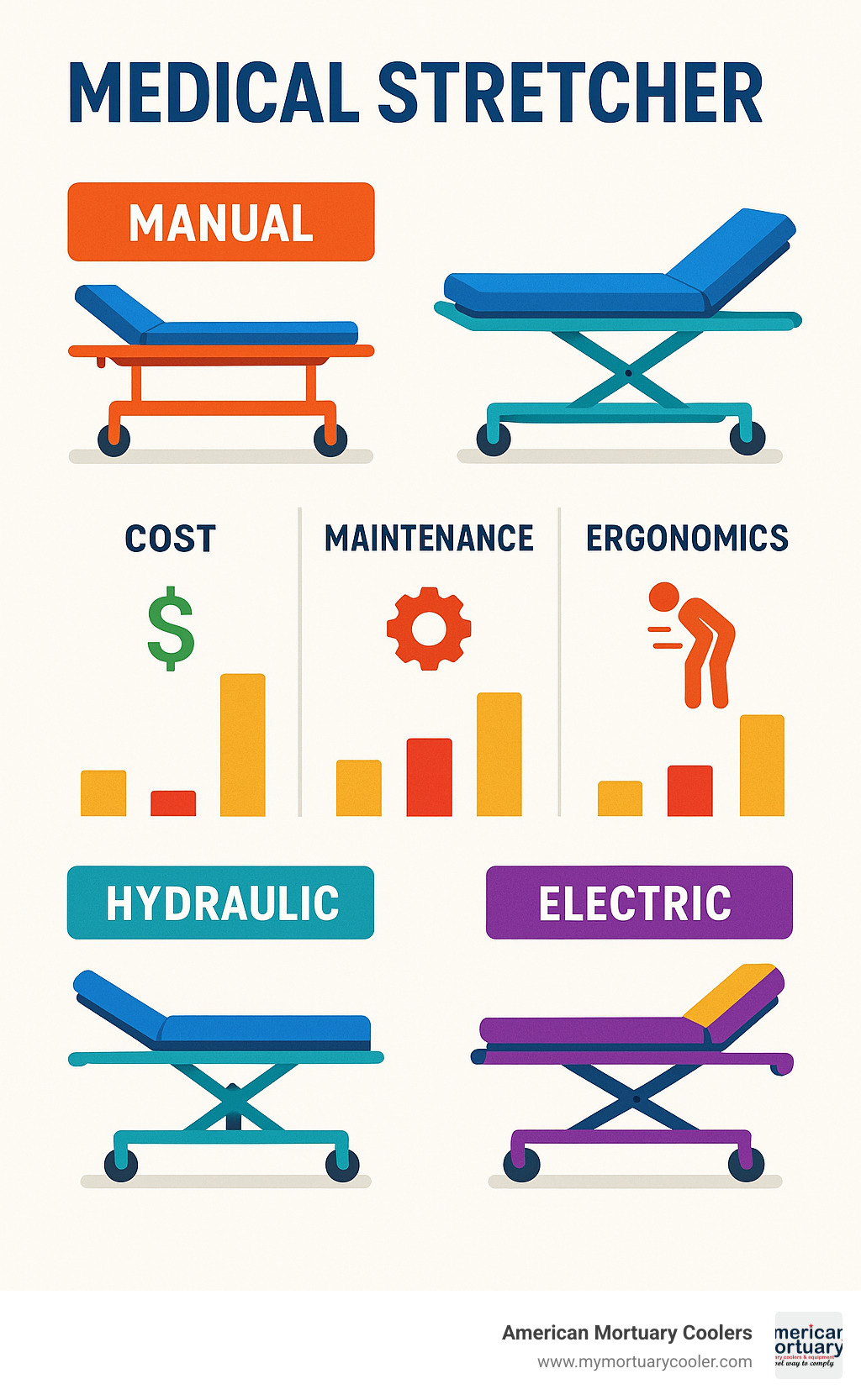 Comparison of manual, hydraulic, and electric stretcher systems showing cost, maintenance requirements, and ergonomic benefits - MEDICAL STRETCHER infographic 