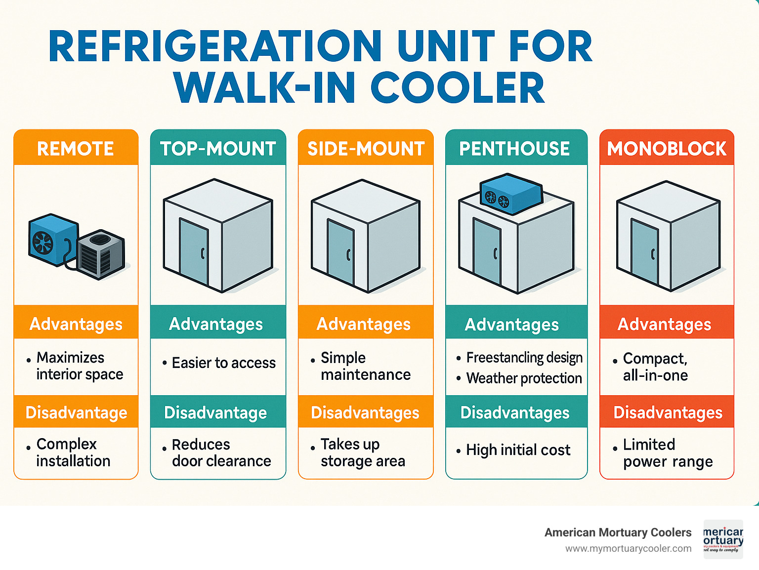 Diagram showing the five main types of refrigeration units for walk-in coolers (remote, top-mount, side-mount, penthouse, monoblock) with their key features, advantages, and disadvantages - refrigeration unit for walk in cooler infographic 