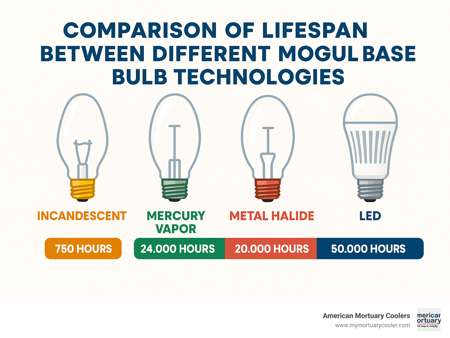 Comparison of lifespan between different mogul base bulb technologies - mogul base light bulbs infographic 