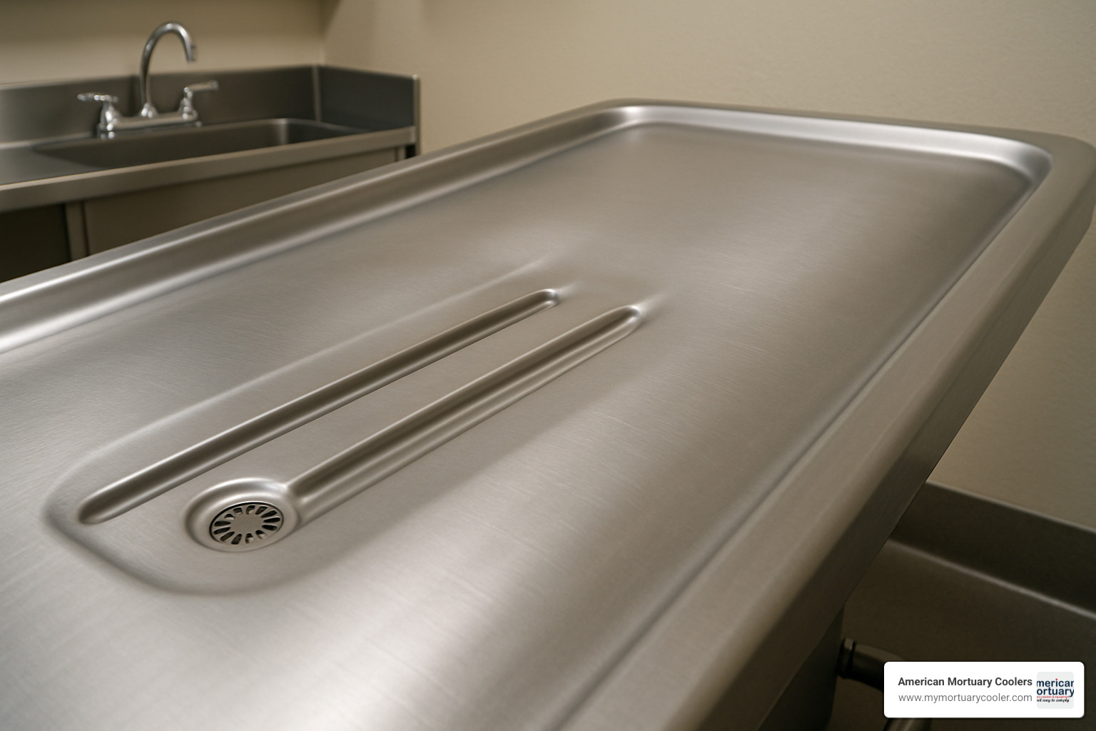 Close-up of convex embalming table surface showing drainage design - Prep Table Embalming 