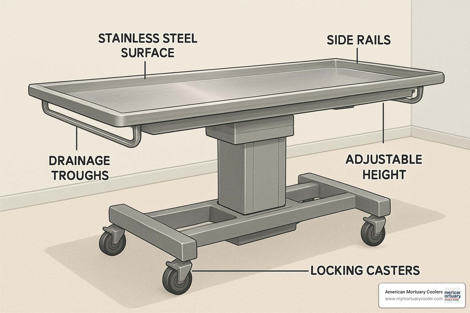 Detailed diagram of embalming table components and features - Prep Table Embalming 