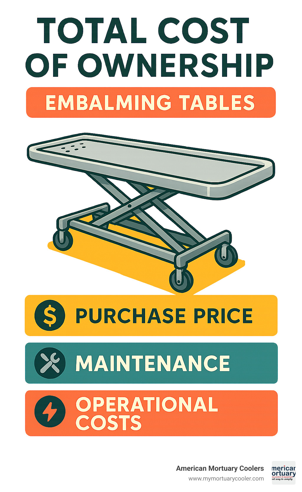 Infographic showing the total cost of ownership breakdown for embalming tables including purchase price, maintenance, and operational costs - Prep Table Embalming  infographic 