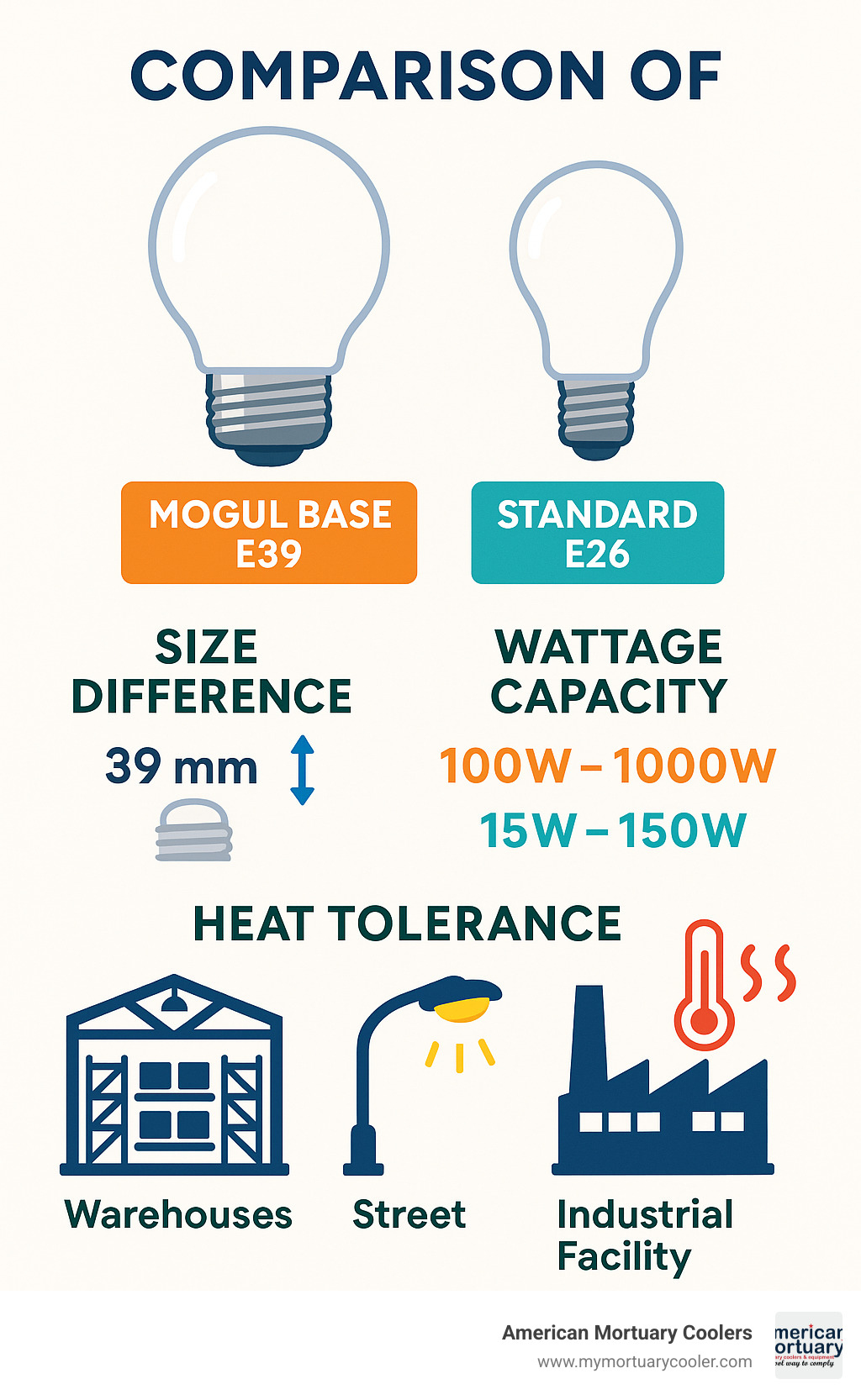 Comparison of mogul base E39 vs standard E26 base bulbs showing size difference, wattage capacity, heat tolerance, and common applications including warehouses, street lights, and industrial facilities - mogul base light bulbs infographic 