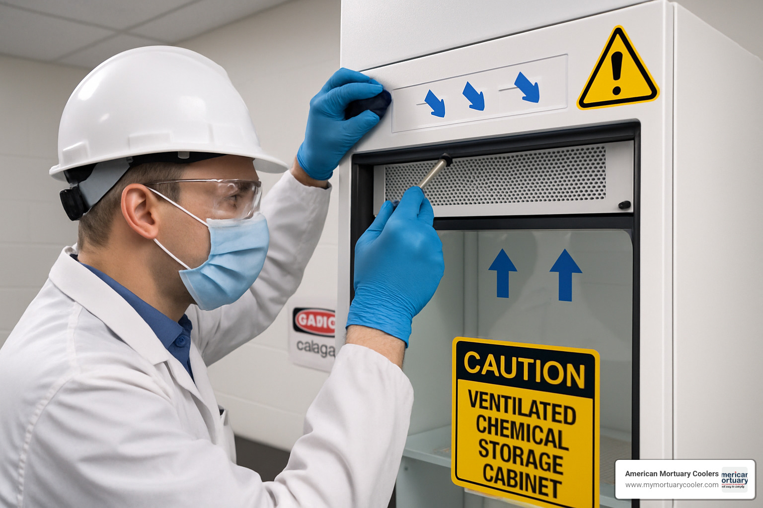 Technician inspecting ventilation seals and filters on a laboratory cabinet - ventilated cabinet
