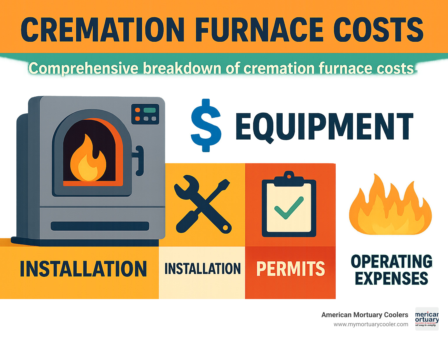 Comprehensive breakdown of cremation furnace costs showing equipment, installation, permits, and operating expenses - how much does a cremation furnace cost infographic 