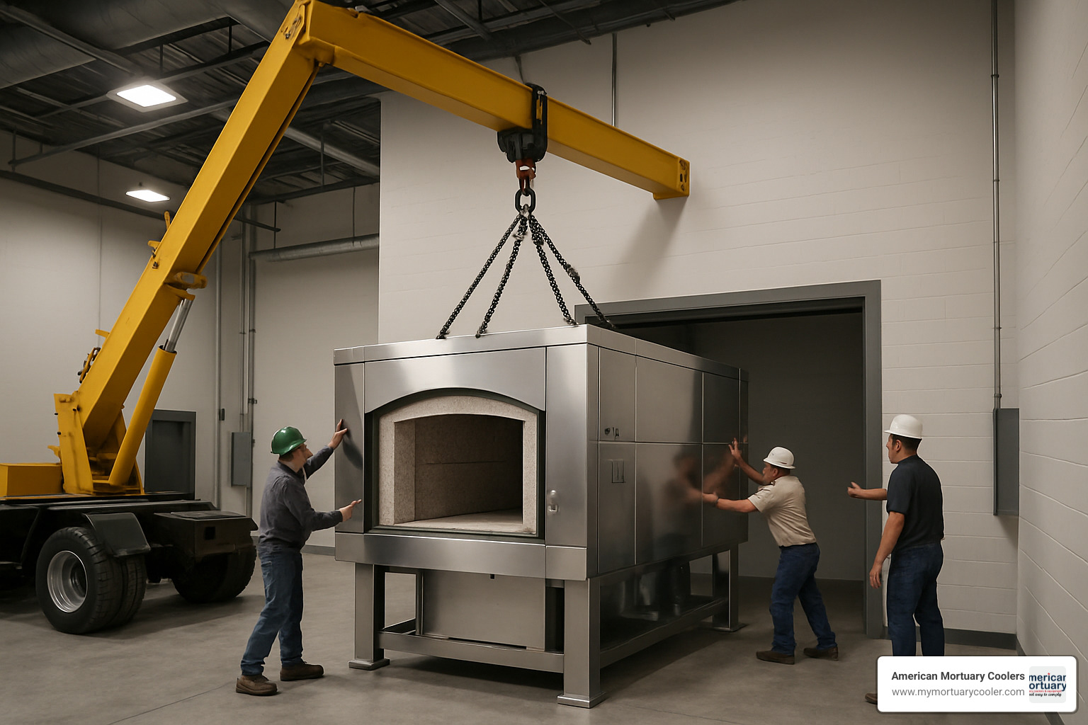 Crane placing a cremation retort during installation - how much does a cremation furnace cost