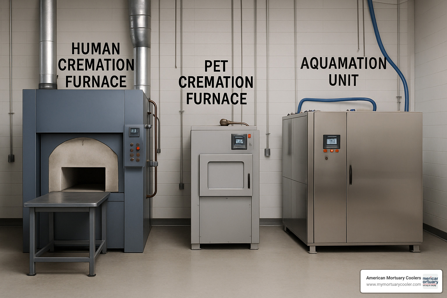 Different types of cremation equipment with labels - how much does a cremation furnace cost