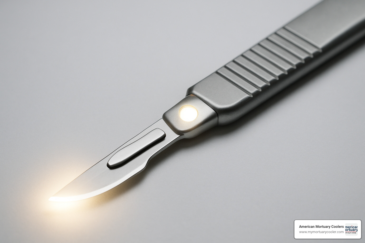 Illuminated scalpel blade handle showing LED light near the blade attachment point - scalpel blade handle