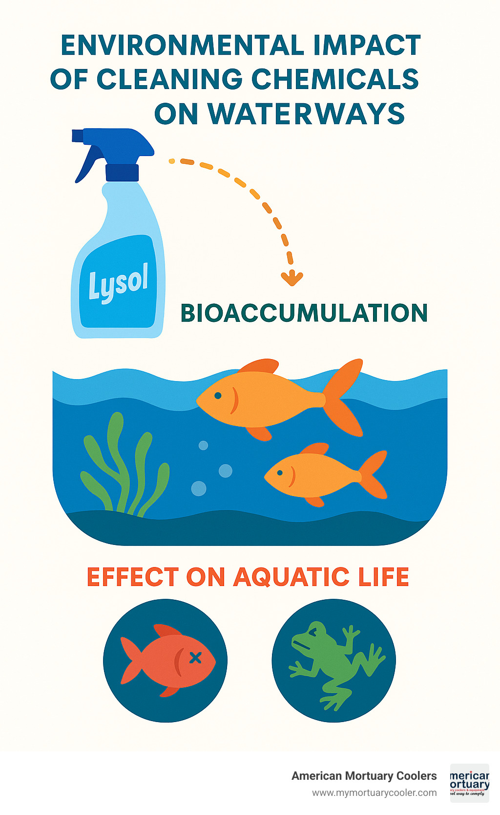 Environmental impact of cleaning chemicals on waterways showing bioaccumulation and effects on aquatic life - lysol liquid cleaner safety data sheet infographic 