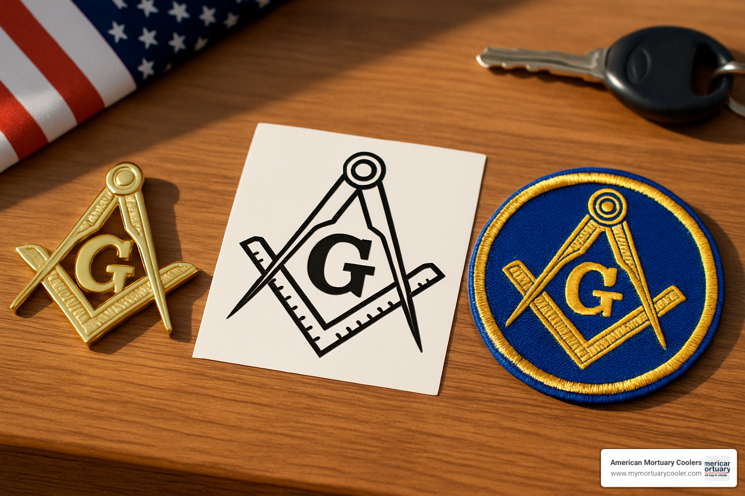 Types of masonic emblems including die-struck metal, vinyl decals, and patches - masonic emblems
