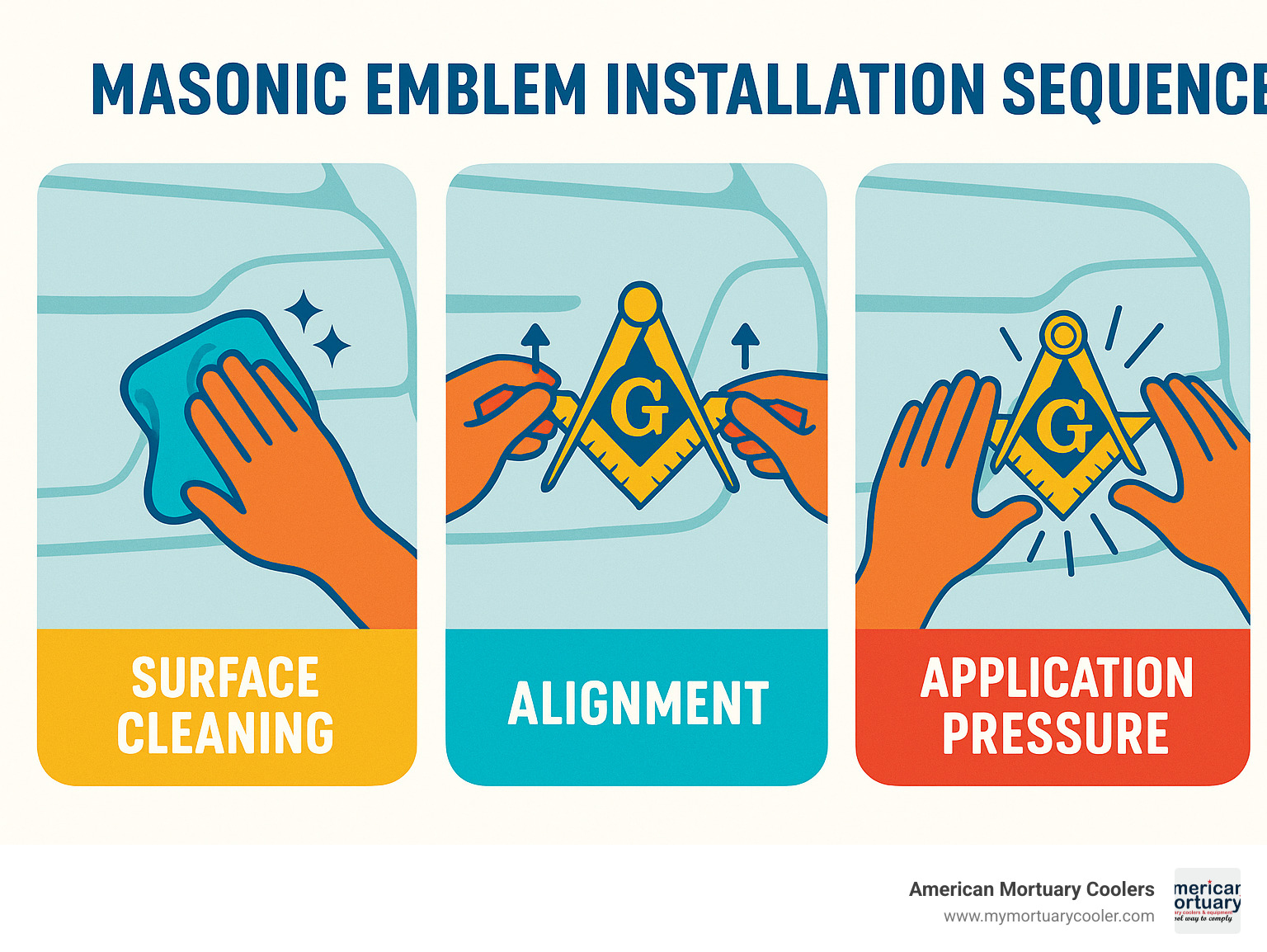 Proper installation sequence for applying a Masonic auto emblem showing surface cleaning, alignment, and application pressure points - masonic emblems infographic 