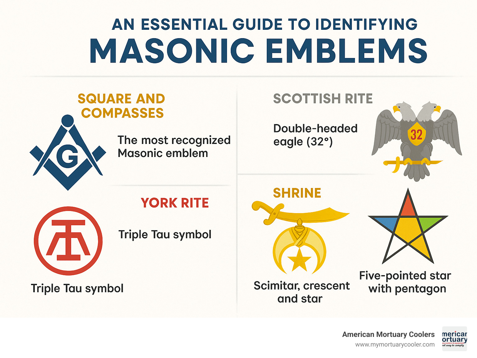 Common Masonic emblems showing Square and Compasses, Scottish Rite double-headed eagle, York Rite Triple Tau, Shrine scimitar, and Eastern Star pentagon with descriptions of their meanings and applications - masonic emblems infographic 