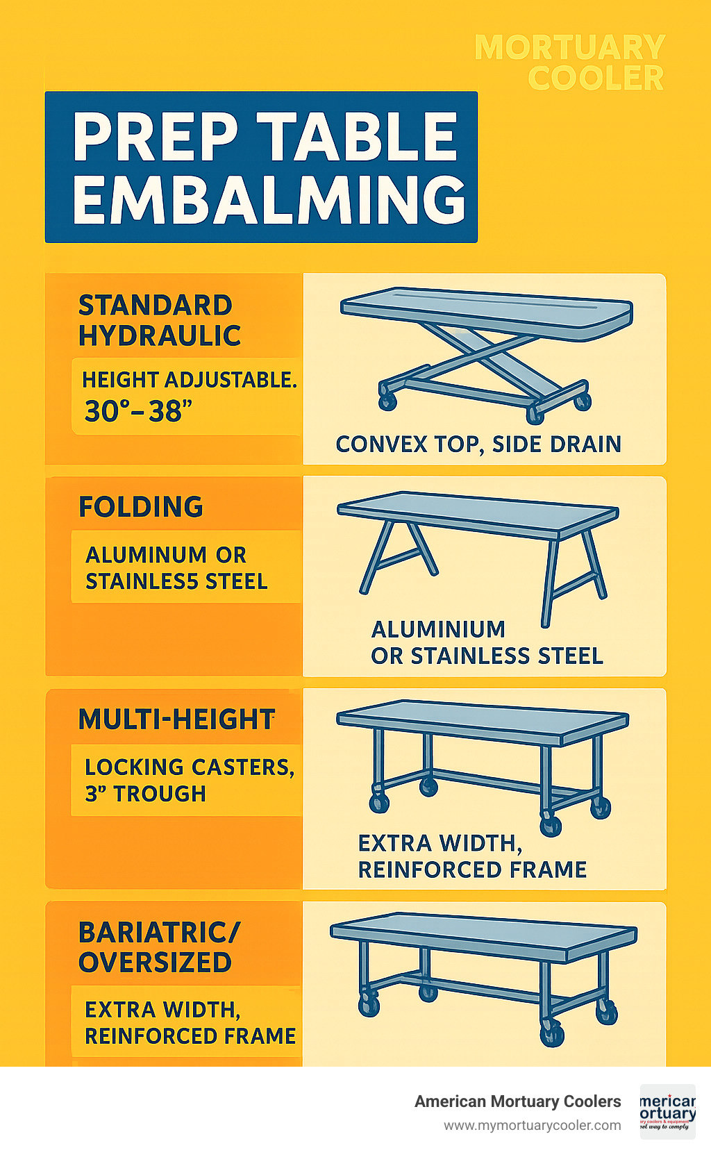 Diagram showing different types of embalming prep tables with key specifications including height adjustment ranges, drainage systems, and material construction - Prep Table Embalming  infographic 