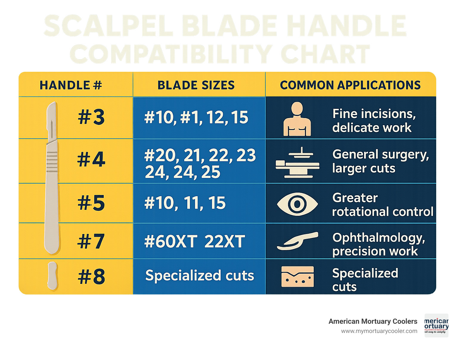 Scalpel blade handle compatibility chart showing handle numbers, corresponding blade sizes, and common applications in surgical and mortuary settings - scalpel blade handle infographic 