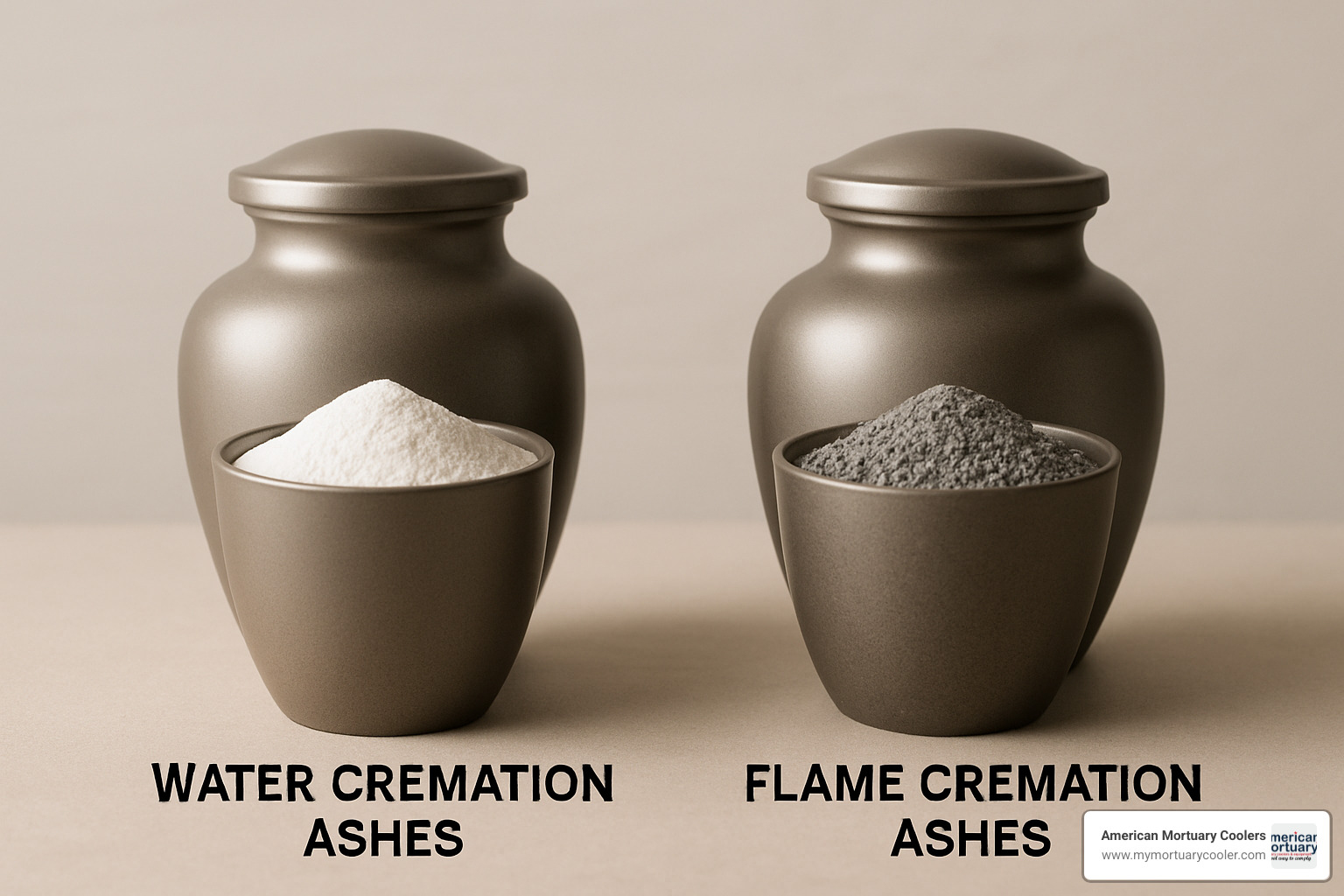 Two different urns containing water cremation ashes and flame cremation ashes - water cremation ashes