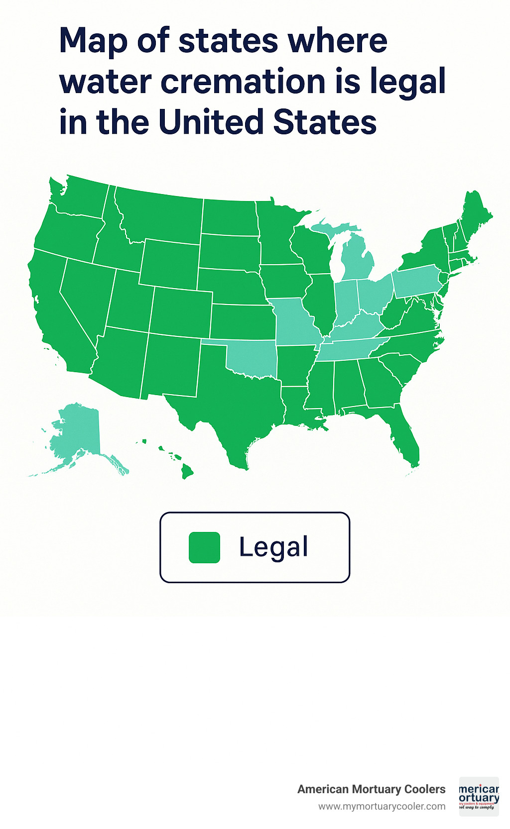 Map of states where water cremation is legal in the United States - water cremation ashes infographic 