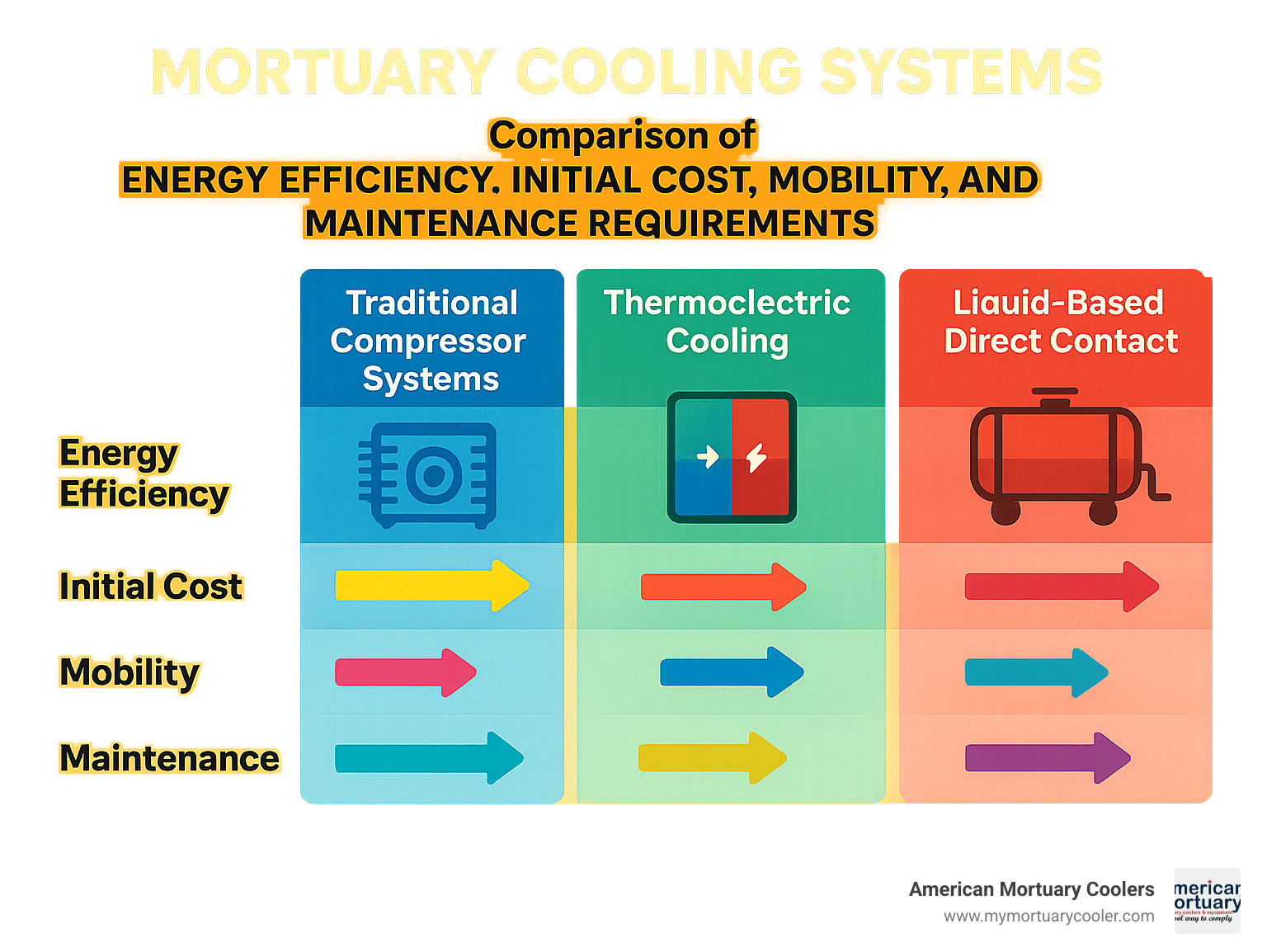 Comparison of energy efficiency, initial cost, mobility, and maintenance requirements across traditional compressor systems, thermoelectric cooling, and liquid-based direct contact systems - Mortuary cooling systems infographic 