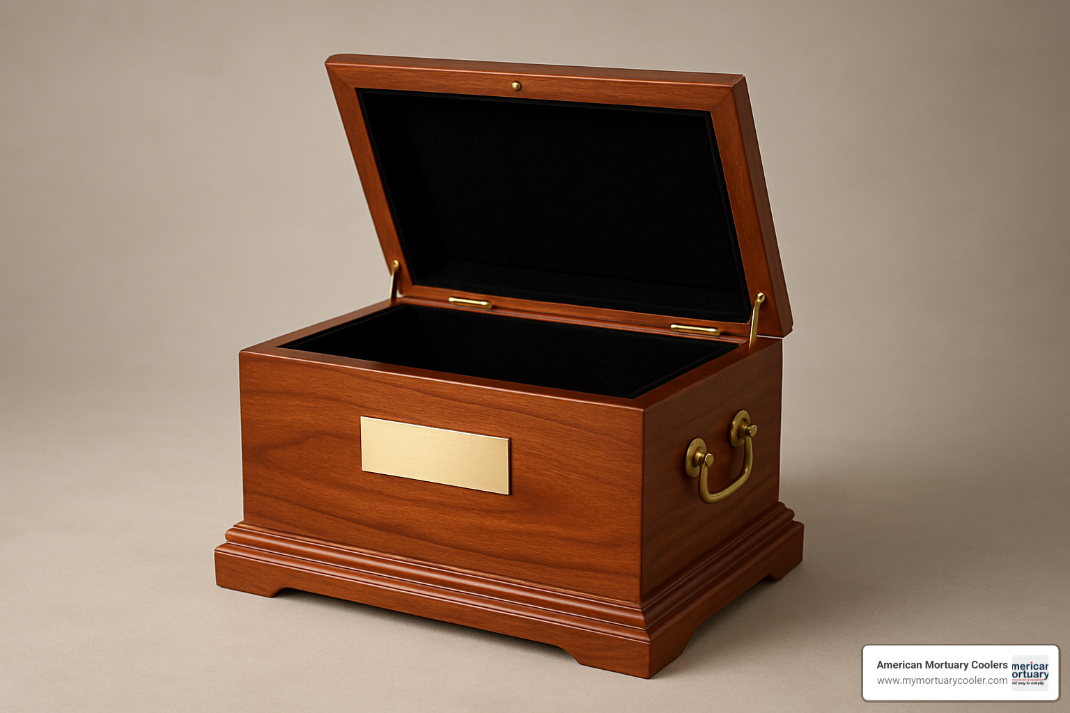 cherry wood memorial chest urn with hinged lid and brass accents - wood cremation urns