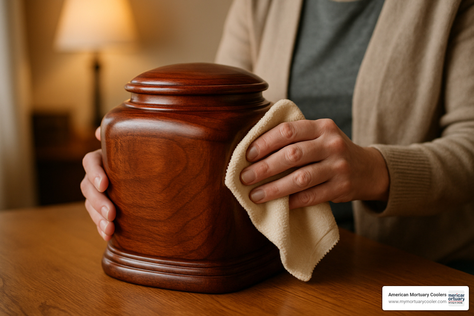 person gently wiping a wooden urn with a soft cloth - wood cremation urns