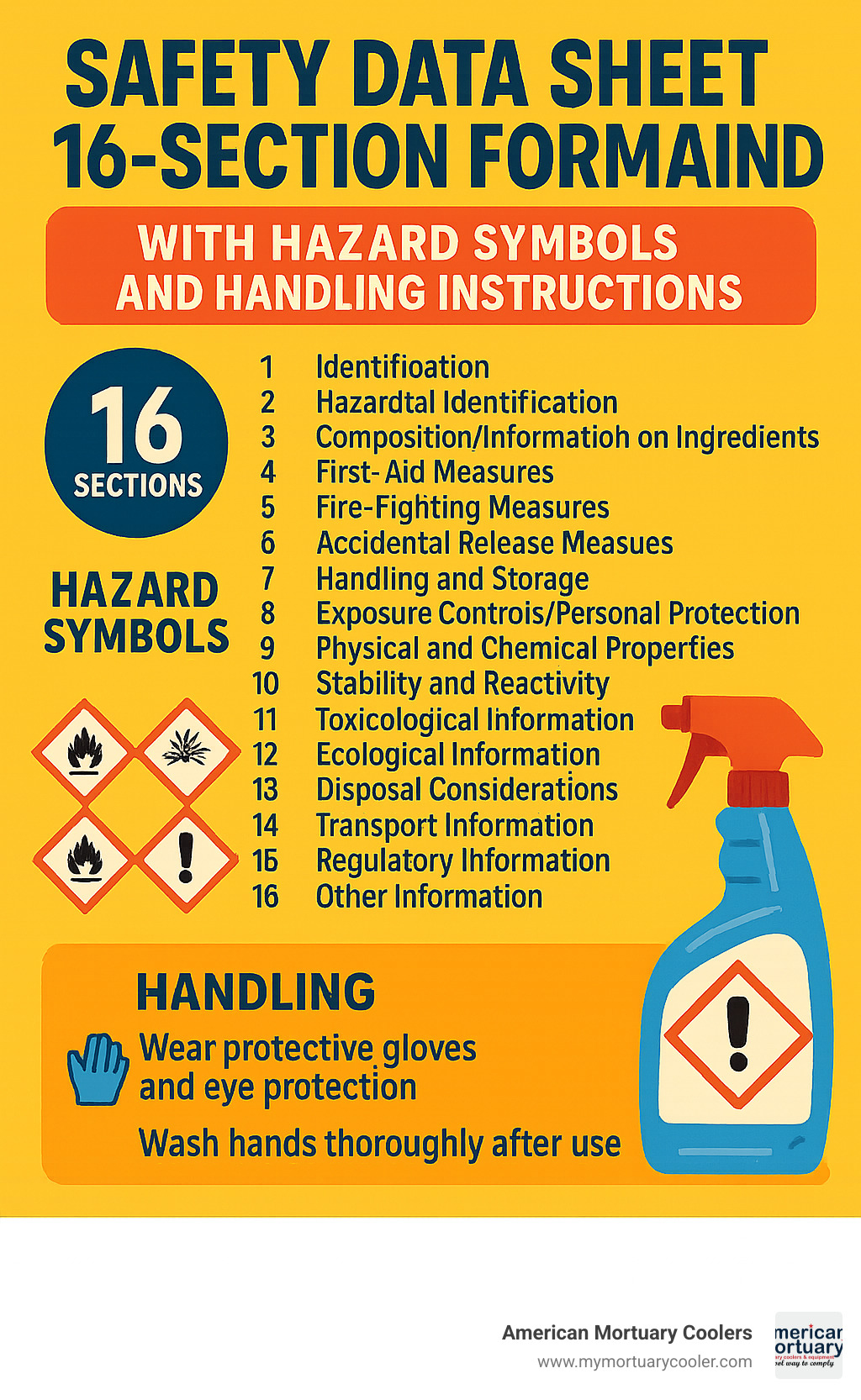 Safety Data Sheet 16-section format explained with hazard symbols and handling instructions - lysol liquid cleaner safety data sheet infographic 
