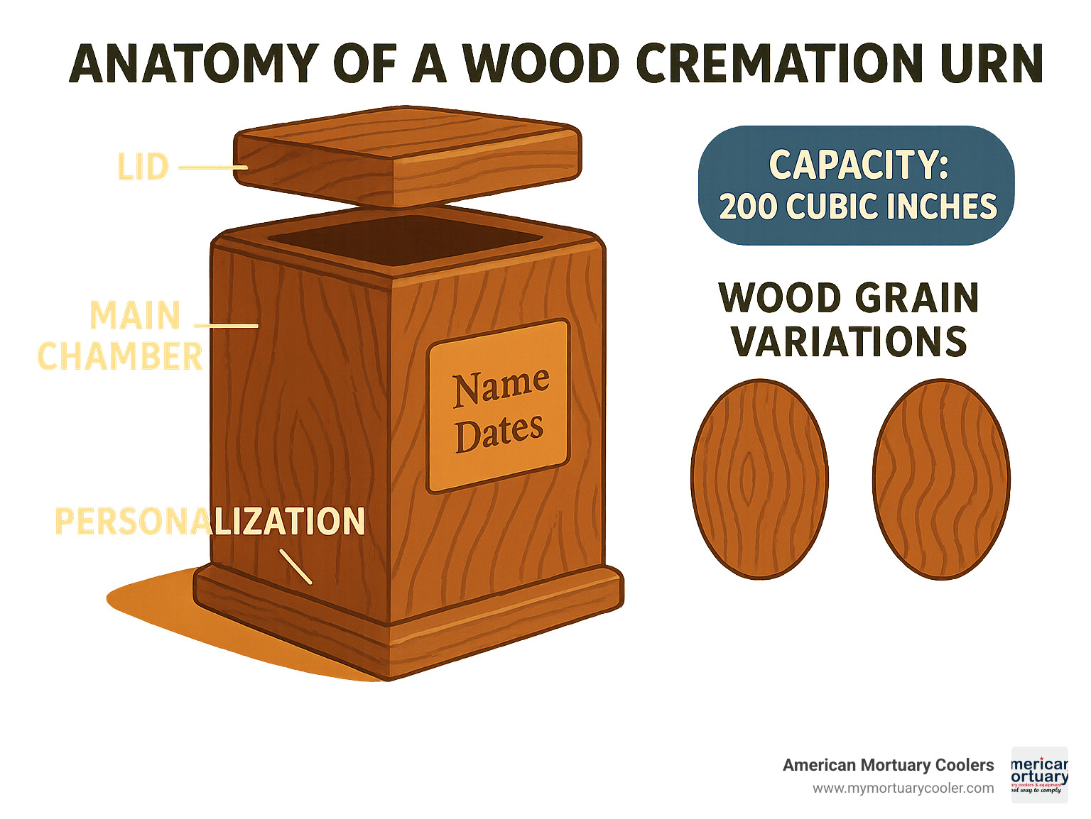 Anatomy of a wood cremation urn showing components including lid, main chamber, capacity measurements, wood grain variations, and personalization areas - wood cremation urns infographic 