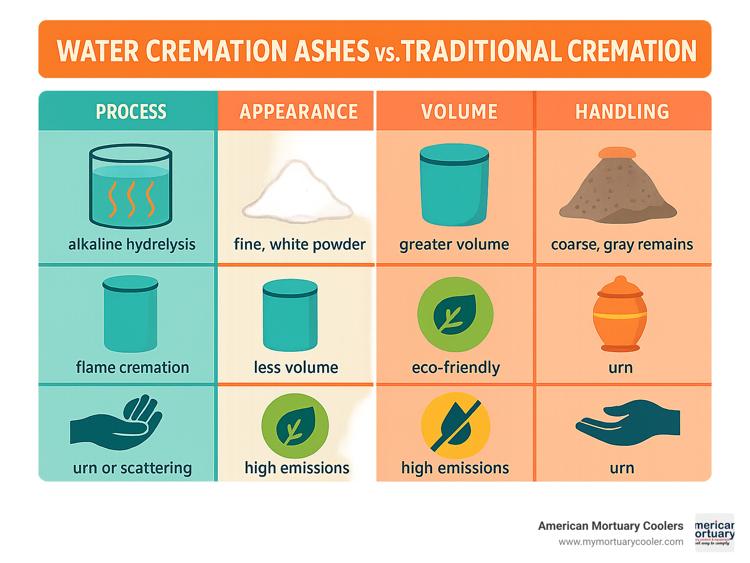 Comparison of water cremation ashes vs traditional cremation showing the process, appearance, volume, environmental impact, and handling options - water cremation ashes infographic 