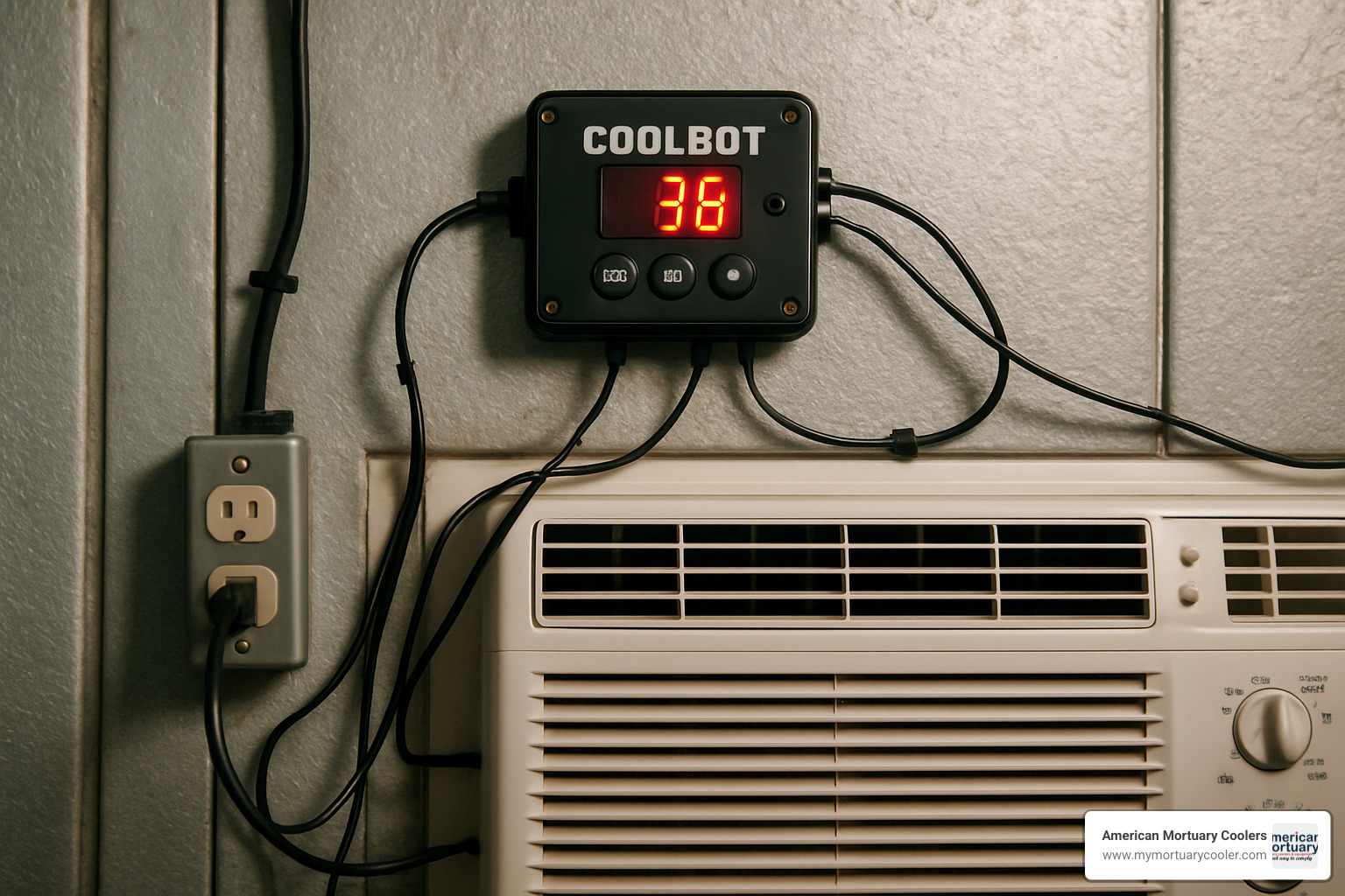 CoolBot controller connected to a standard air conditioner in a walk-in cooler installation - Walk-in cooler solutions
