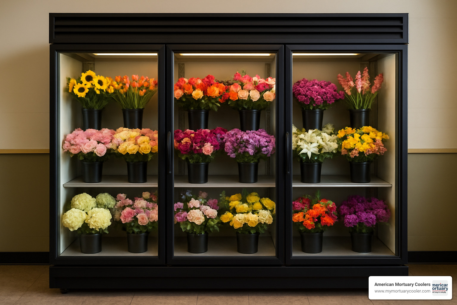 Floral display cooler with glass doors and organized flower arrangements - Walk-in cooler solutions
