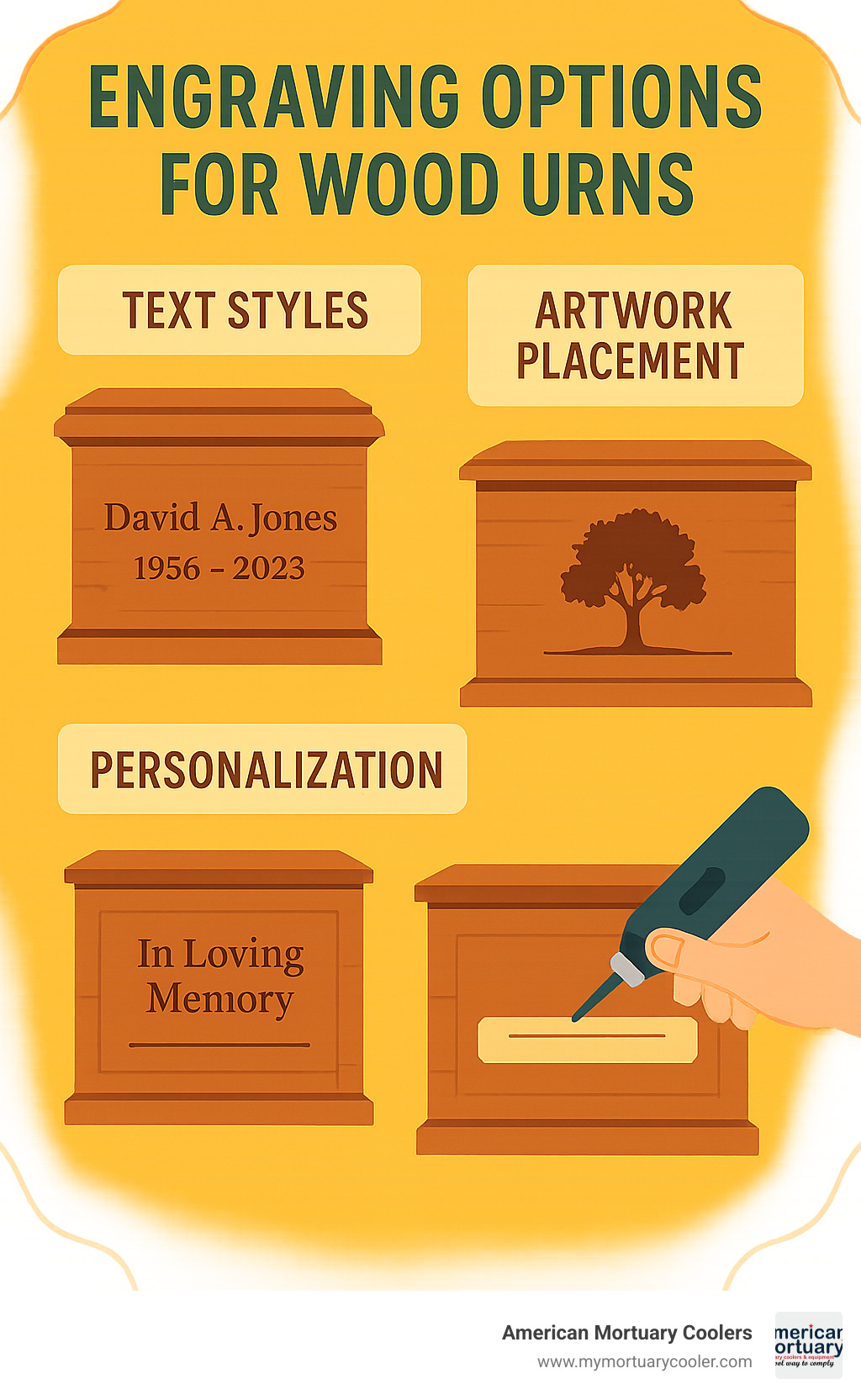 Different engraving options for wood urns including text styles, artwork placement, and personalization techniques - wood cremation urns infographic 
