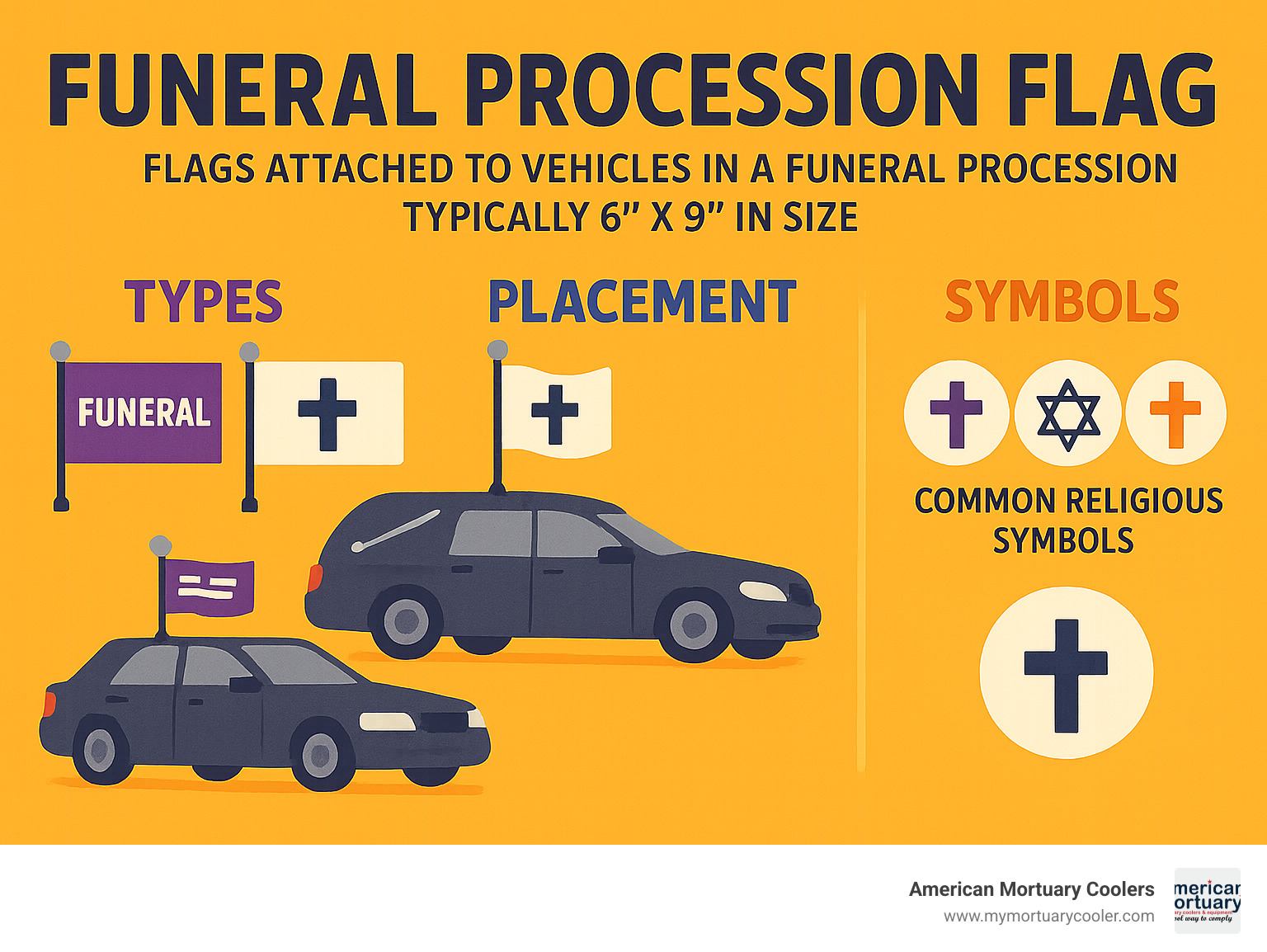 Diagram showing different types of funeral procession flags, their placement on vehicles, and common symbols used in various religious traditions - funeral procession flags infographic 
