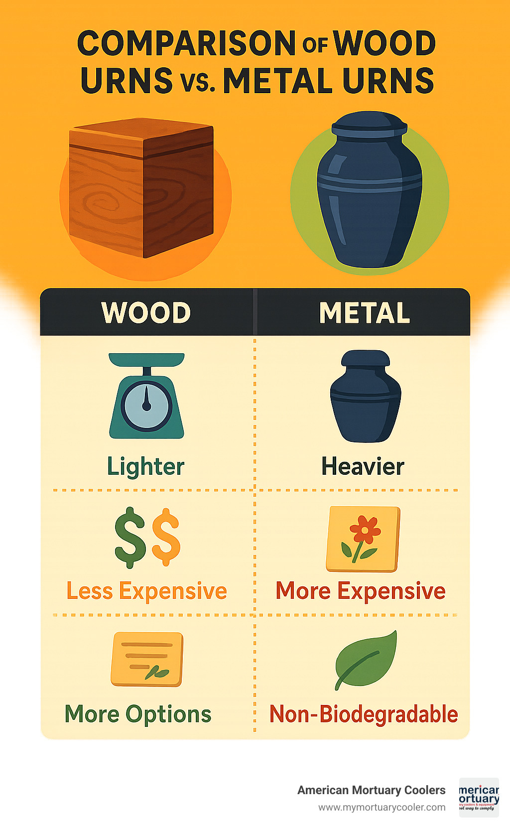 Comparison of wood urns versus metal urns showing differences in weight, cost, personalization options, and environmental impact - wood cremation urns infographic 