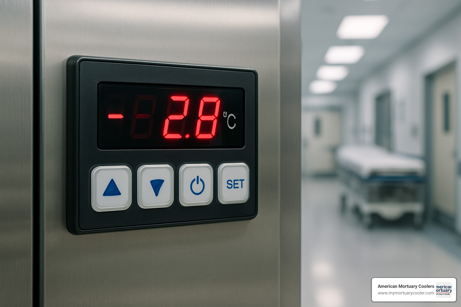 Closeup of digital temperature control panel on a morgue refrigerator - temperature morgue refrigerator